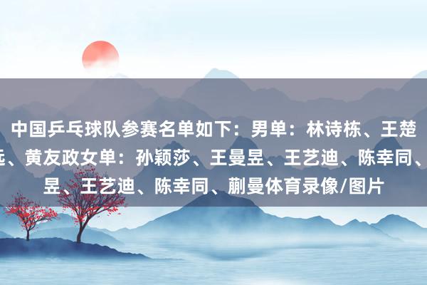 中国乒乓球队参赛名单如下：男单：林诗栋、王楚钦、梁靖崑、林高远、黄友政女单：孙颖莎、王曼昱、王艺迪、陈幸同、蒯曼体育录像/图片