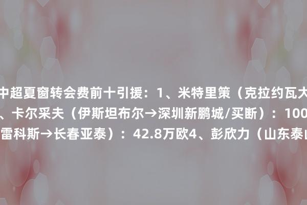 中超夏窗转会费前十引援：1、米特里策（克拉约瓦大学→浙江）：200万欧2、卡尔采夫（伊斯坦布尔→深圳新鹏城/买断）：100万欧3、卡米洛（潘塞雷科斯→长春亚泰）：42.8万欧4、彭欣力（山东泰山→长春亚泰/租出）：19.8万欧5、毕津浩（山东泰山→大连英博/租出）：9万欧6、张弛（山东泰山→青岛海牛/租出）：7.2万欧7、唐淼（成齐蓉城→云南玉昆）：7.2万欧8、卢永涛（山东泰山→河南/租出）：3.6万欧9、邓宇彪（苏州东吴→梅州客家）：3万欧10、何小珂（青岛西海岸→河南/租出）：2.8万欧    世界买球赛体育信息
